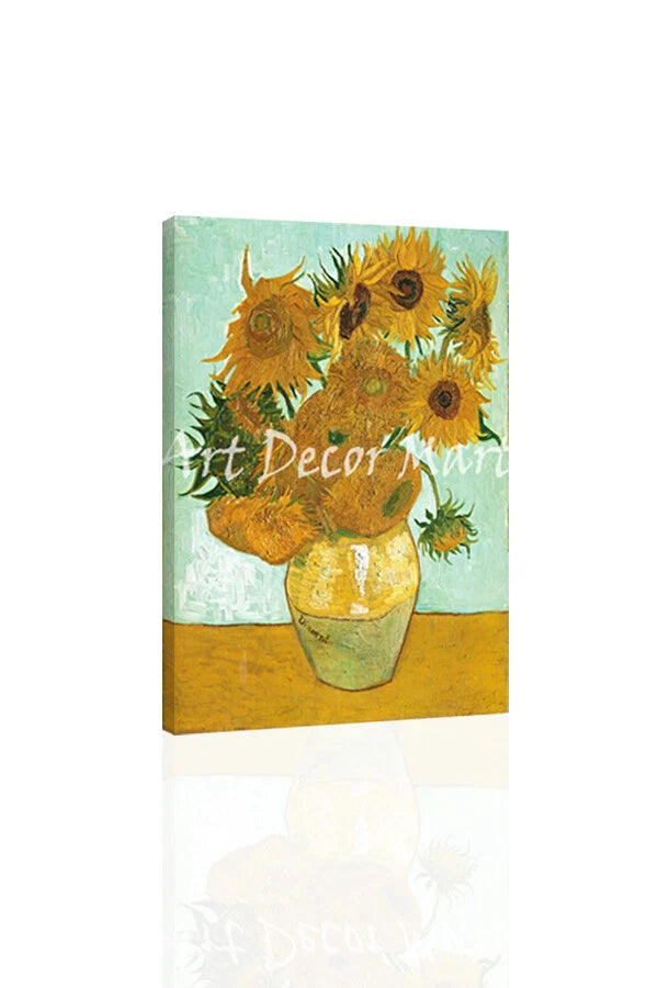 Sunflower vase wall art canvas print with yellow blooms in a green vase