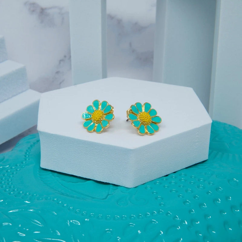 Sunflower stud earrings with teal enamel petals and gold-tone centers