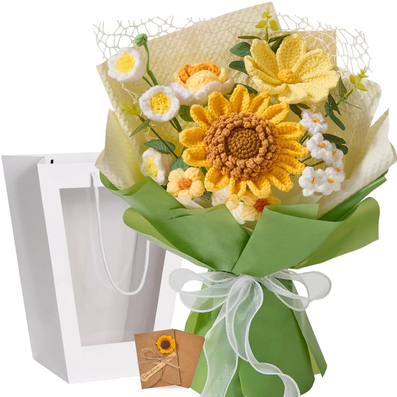 Crochet sunflower bouquet with yellow blooms, white flowers, and green leaves in wrapping