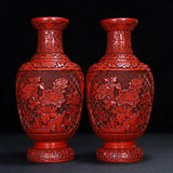 Collect Chinese red Lacquerware hand carven peony flower pattern vase decoration Peony