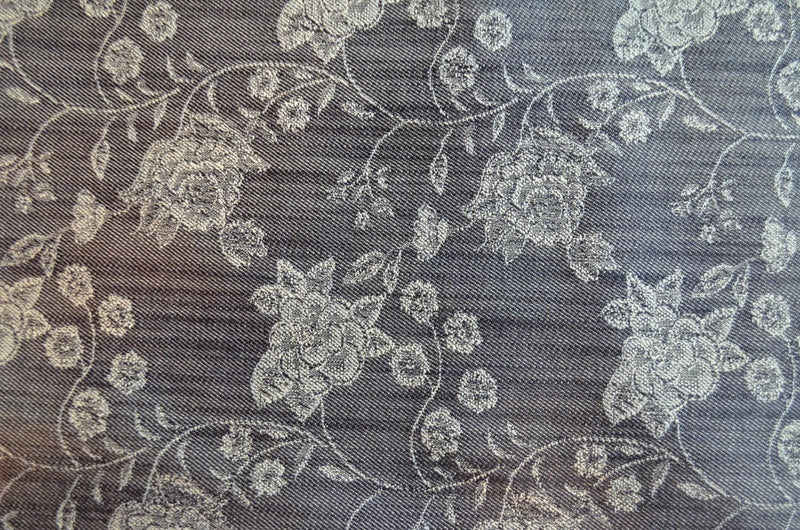navy, white - heavy weight  non-stretch denim,  embroidered 72" x 58" (2 yds) Flowering Plants