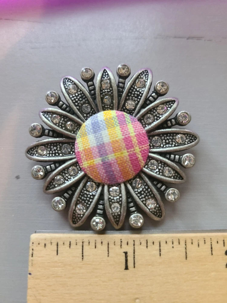 Vintage Metal Flower Sunflower Fabric And Crystals Silvertone Pendant Sunflower