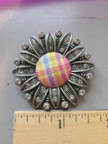 Vintage Metal Flower Sunflower Fabric And Crystals Silvertone Pendant Sunflower