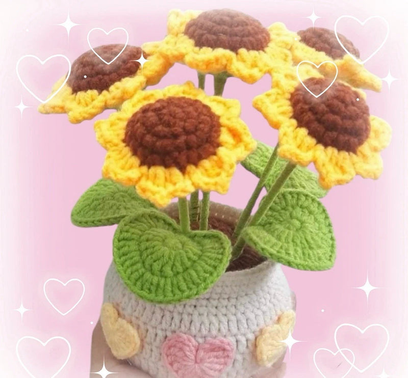 Handmade crochet sunflower bouquet decor in white pot, yellow petals, brown centers