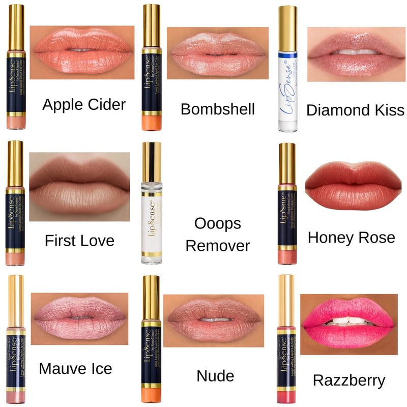 Long-lasting liquid lip color set with applicator tube and multiple lip swatch shades