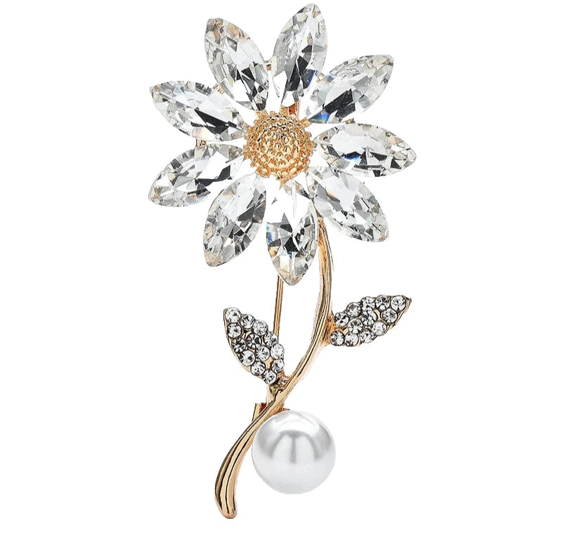 Sunflower rhinestone brooch pin with pearl drop, gold-tone setting, clear crystal petals