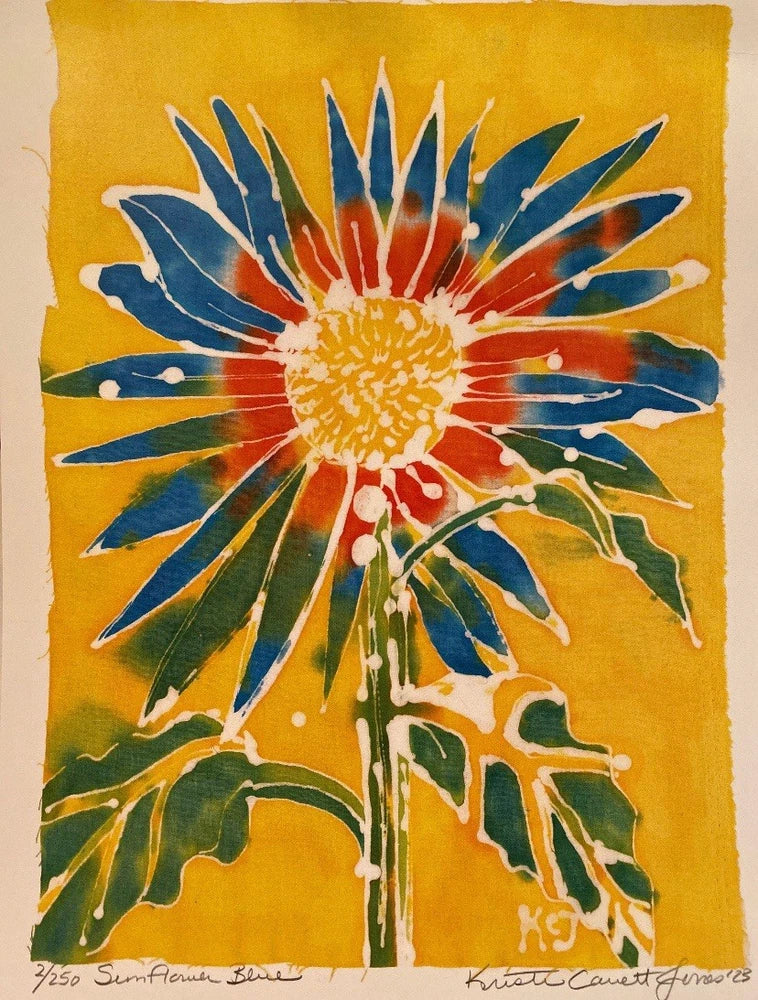 Yellow sunflower flower print with blue petals and green leaves, vertical wall art