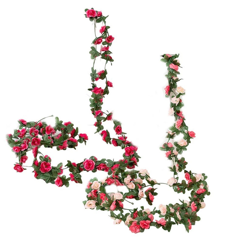 Silk rose leaf vine garland with red and pink blooms for home decor