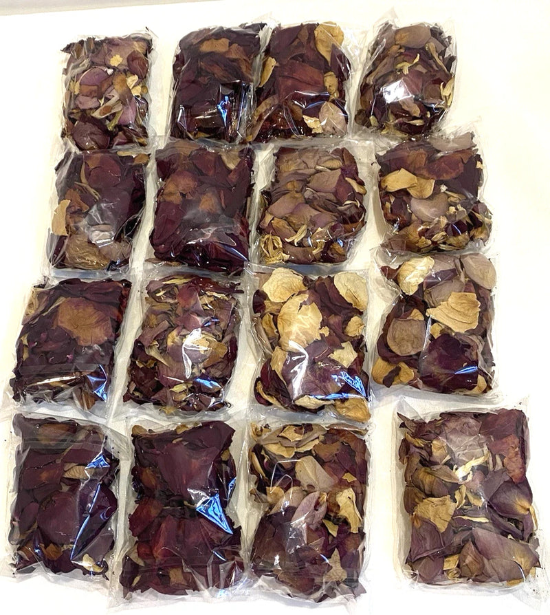 Individually packed dried flower petal confetti in dark red and tan clear bags