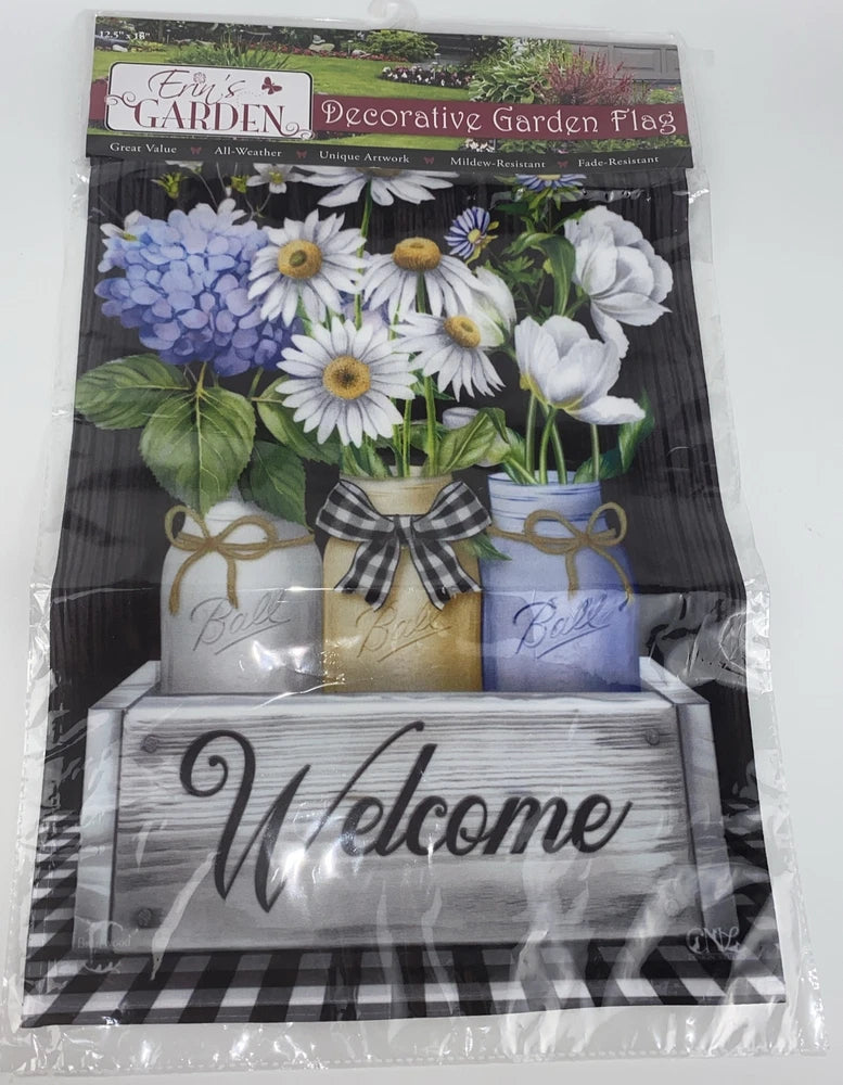 Welcome Crated Mason Jar Flowers  12x18 Erin's Garden Daisies & Hydrangea Hydrangea