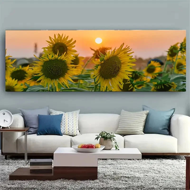 Panoramic sunflower landscape canvas wall art with yellow blooms and sunset sky
