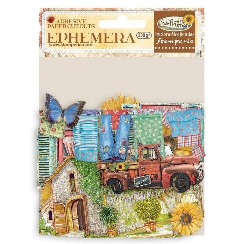 Adhesive cardstock collage sheet with sunflowers, vintage truck, and butterflies