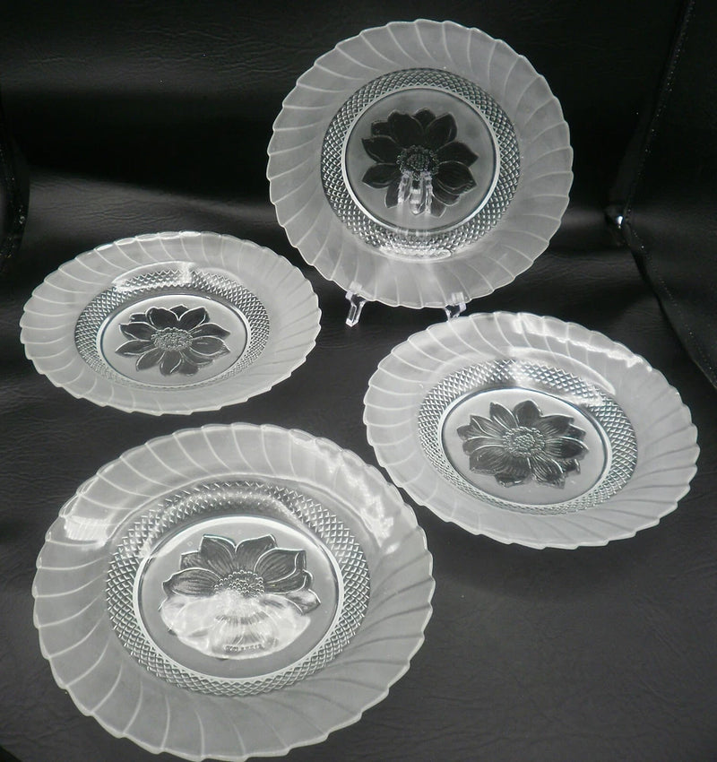 Set of 4 frosted glass salad plates with etched sunflower medallion, scalloped rim