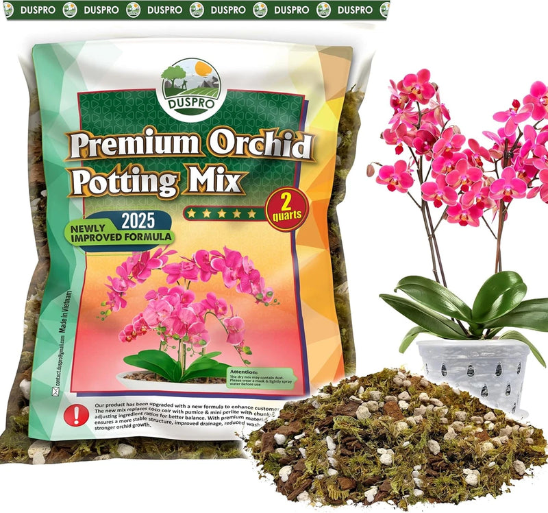 Premium orchid potting mix bag with forest moss and pine bark, loose soil mix shown