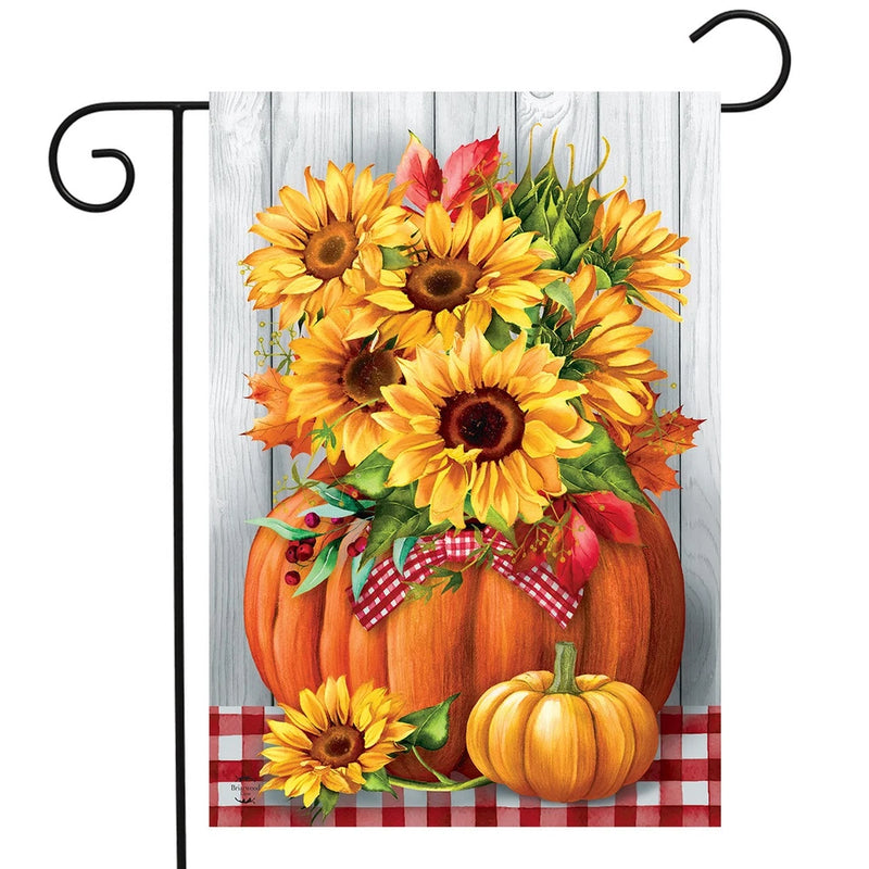 Sunflower garden flag with bright sunflowers in an orange pumpkin