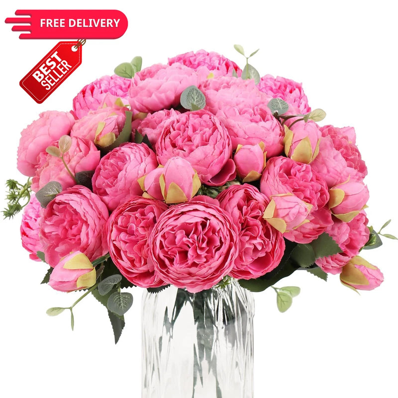 DEEMEI Artificial Peony Flower Silk Peonies Bouquet 4 Bundles 4pcs, Red Rose Peony