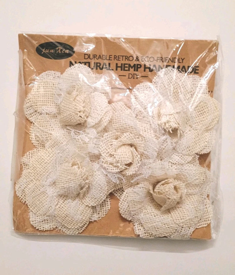 Ivory burlap fabric rose flowers set of 5, handmade 4-inch bouquet pieces in package
