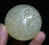 5CM China Natural Jade Carve Phoenix Bird Peony Flower YuBi Amulet Pendant Peony