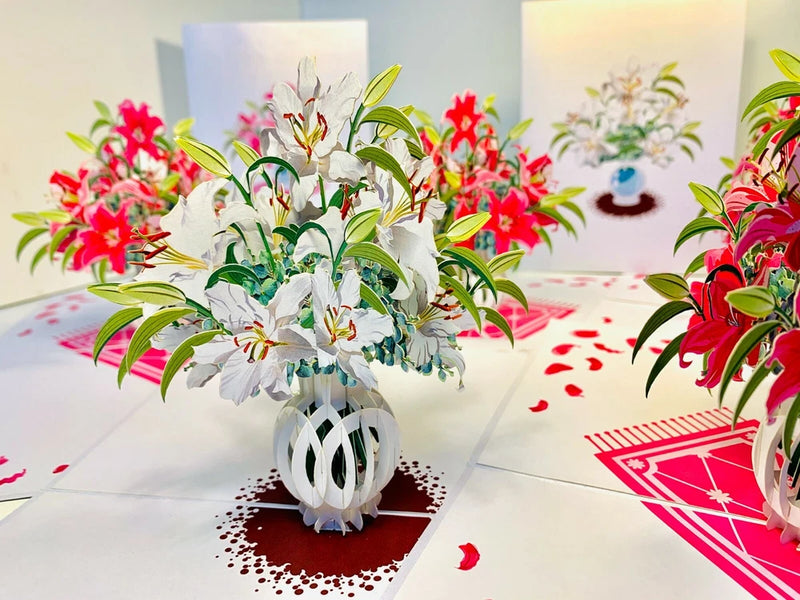 White Lilies Flower Bouquet Vase 3D Pop Up Greeting Card Happy Birthday Handmade Lily