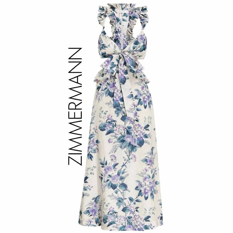 Zimmermann Cassia Hydrangea Linen Midi Dress US 4 Small | Resort Luxury __ Hydrangea