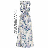 Zimmermann Cassia Hydrangea Linen Midi Dress US 4 Small | Resort Luxury __ Hydrangea