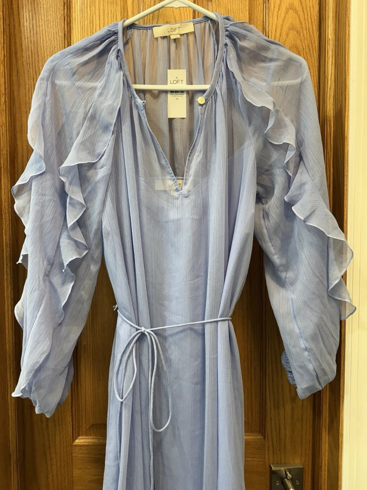 NWT Loft Chiffon Ruffle Maxi Dress Summer Hydrangeas Size Medium Hydrangea