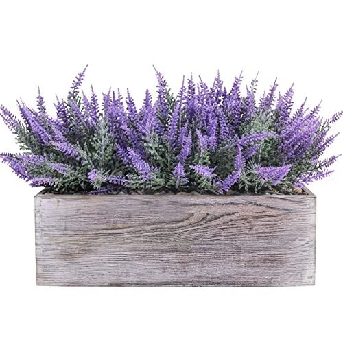 Fake Lavender Flower Arrangement in Rustic Rectangular Wood Planter Box Green Plant