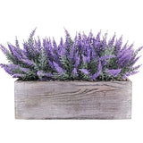 Fake Lavender Flower Arrangement in Rustic Rectangular Wood Planter Box Green Plant