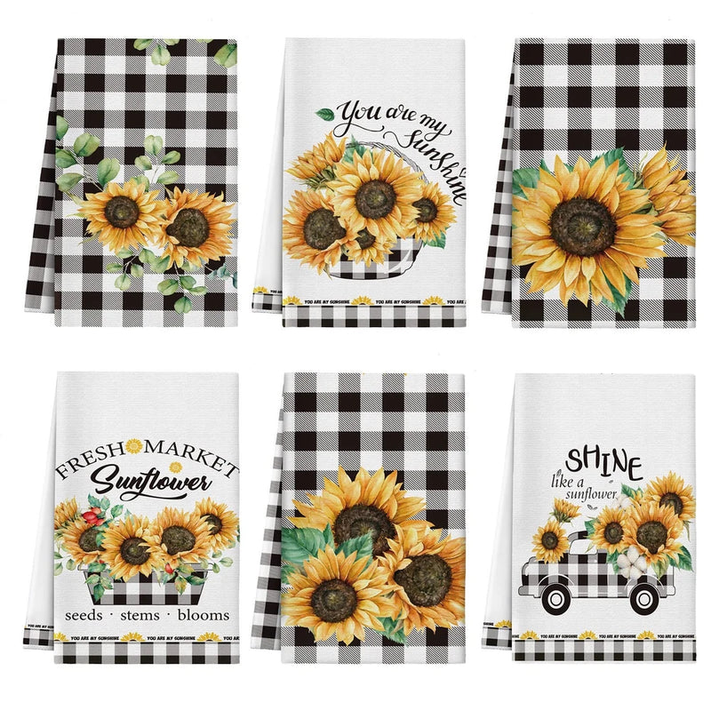 6 Pcs Sunflower Kitchen Towels Summer Buffalo Plaid Dishtowels for Kitchen Ul... Sunflower