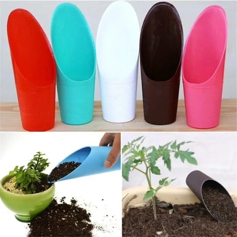 Plastic planting shovel cup tool, colorful red, blue, white, brown, and pink