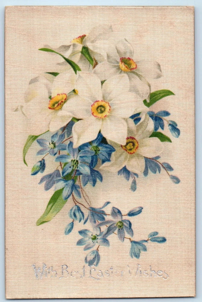 Antique Easter postcard: white lilies, blue blossoms, and 'With Easter Wishes' text