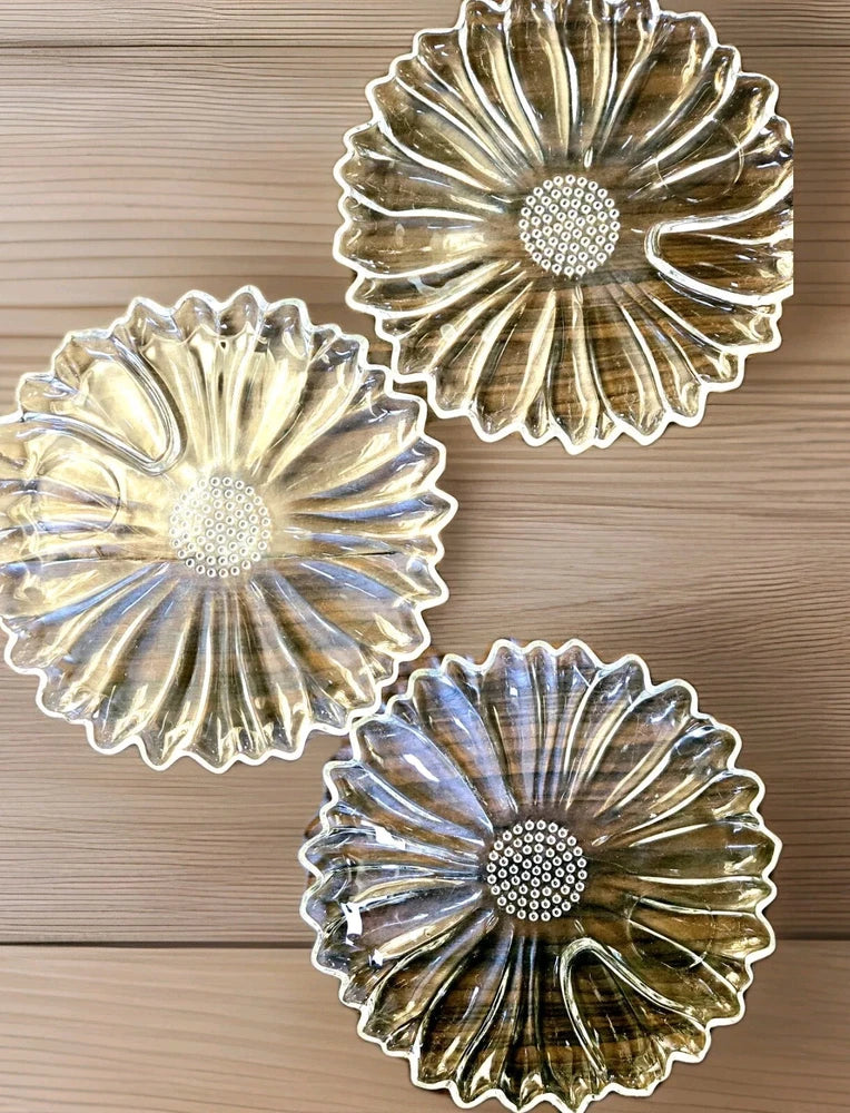 Clear pressed glass sunflower snack plates, set of 3, scalloped 10-inch design