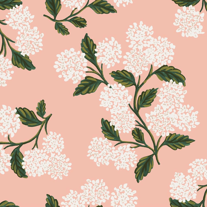 Rifle Paper Co, Rifle Paper Meadow Hydrangea Blush Background White Flower Fabri Hydrangea