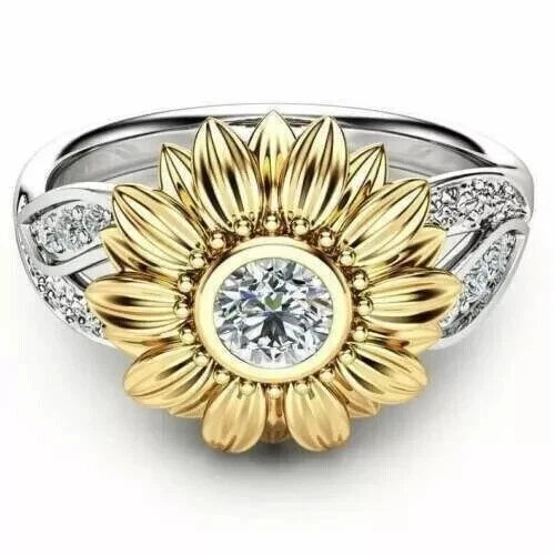 2.20Ct Round Real Moissanite Eternity Sunflower Ring 14K Two Tone Gold Plated Sunflower