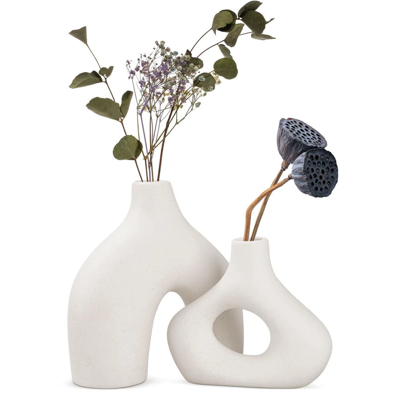 White Ceramic Vase Set of 2 - Minimalist Nordic  Matte Donut Vases for Pampas... Pampas Grass