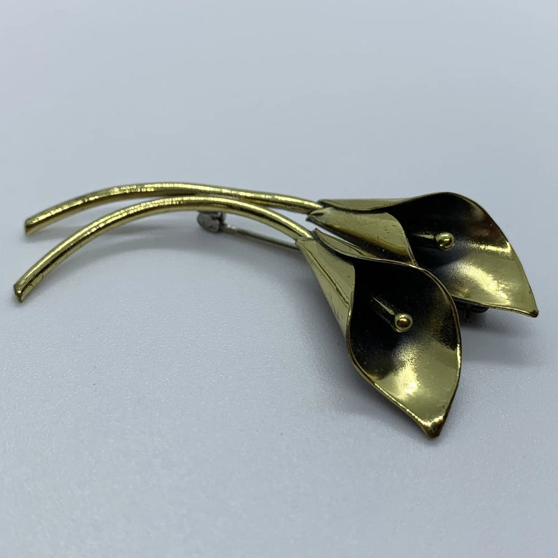 Vtg NUE Signed Calla Lily Duo Flower Brooch 2Ó Gold Over Sterling Silver Lily