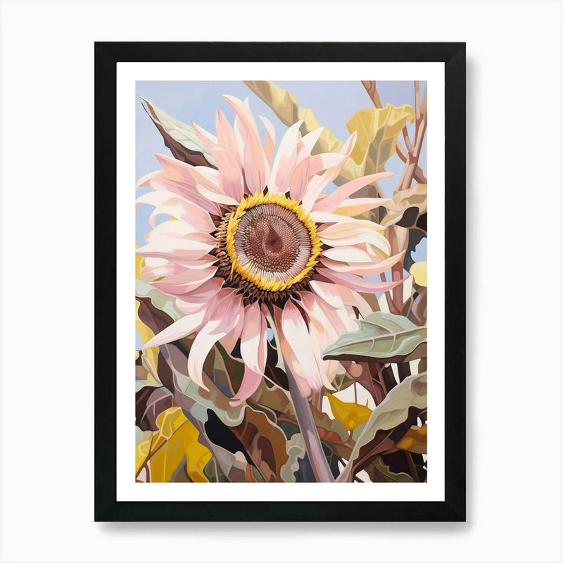 Framed wall art print featuring a pink sunflower with yellow center and green leaves