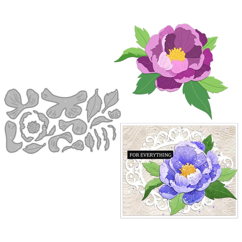 Peony flower metal cutting dies set with leaf and petal shapes for DIY cards