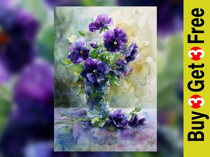 Purple pansy bouquet watercolor print on matte paper with flowers in a vase