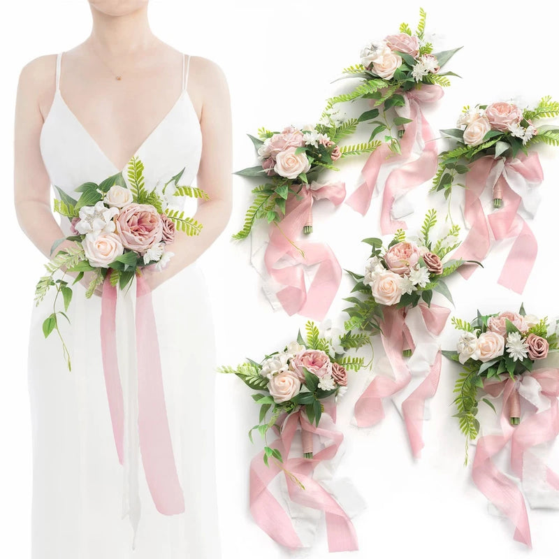 Ling's Moment Artificial Flowers Pink Bridesmaid Bouquet Set of 6, Dusty Rose... Bouquet