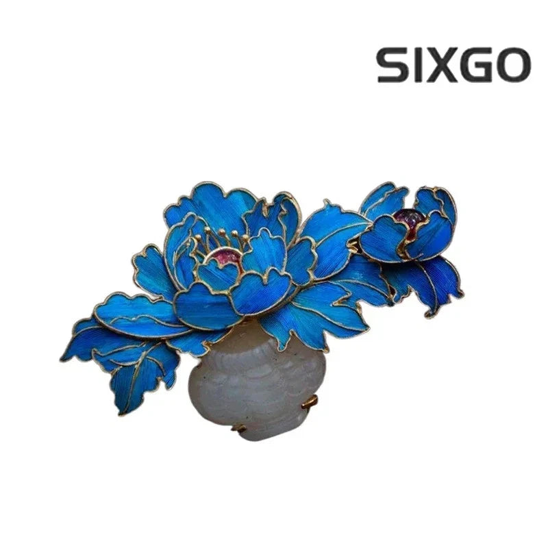 Blue cloisonne enamel peony flower brooch with gray vase detail
