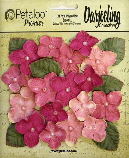 PINK 18 HYDRANGEAS Paper Flowers 25-35mm & 6 Leaves 25x30mm Darjeeling Petaloo O Hydrangea