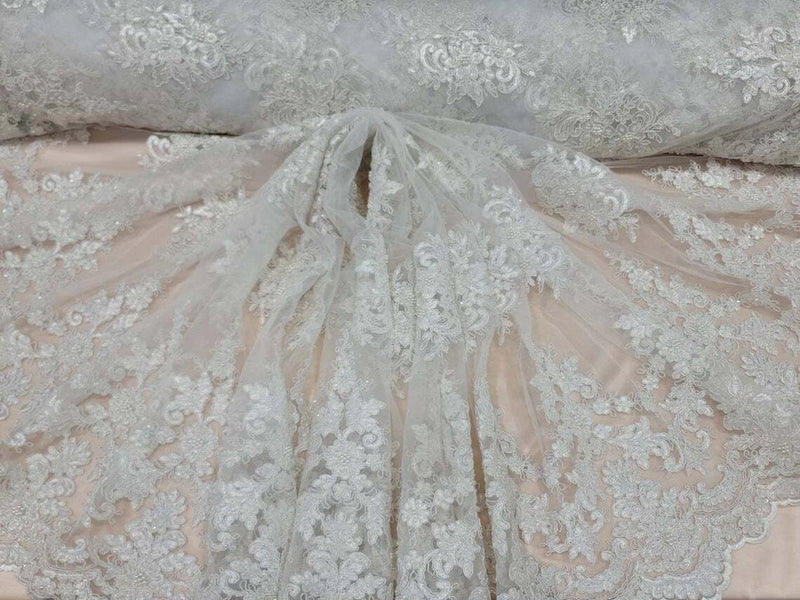 Fabric Sold By The Yard Off White Bridal Beaded Lace Embroidery Floral Flowers Flowering Plants