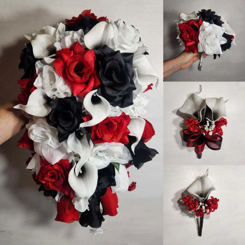 Red Black White Rose Calla Lily Bridal Wedding Bouquet Accessories Bouquet