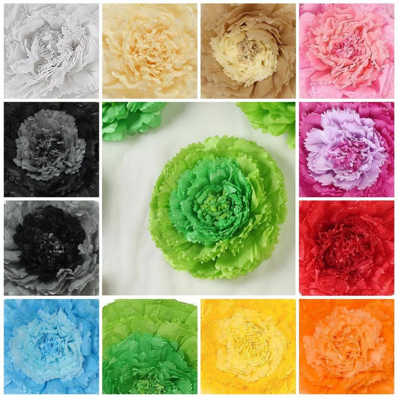 Set of tissue paper carnation flowers for wall decor, multiple colors, close-up texture