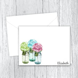 Personalized Note Cards, Hydrangeas in Mason Jars, Stationery w/ Envelopes Hydrangea