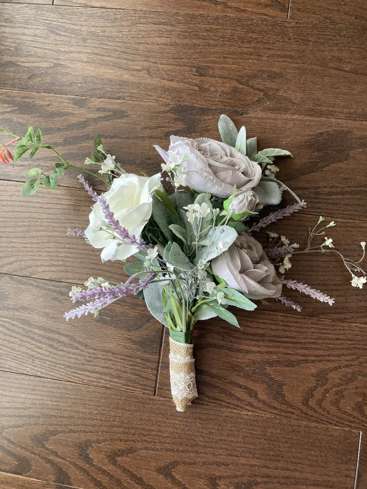 Bridesmaid Bouquet Wedding Artificial Flowers Lavender White Roses Lambs Ear Bouquet