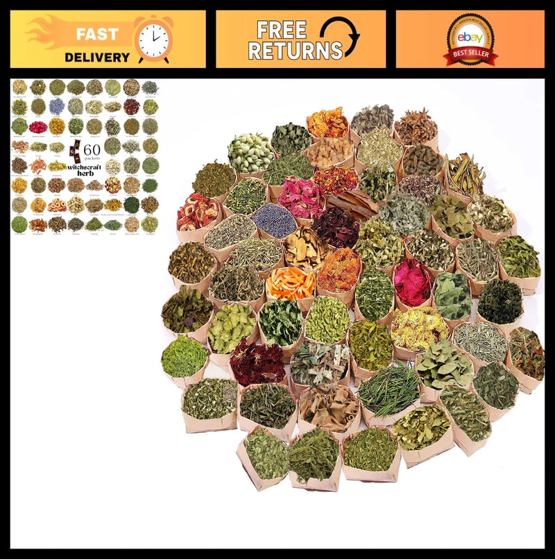 60Pcs Dried Herbs & Flowers Set for Witchcraft, Wiccan Altar, Magic Rituals, Hea Dried Flower
