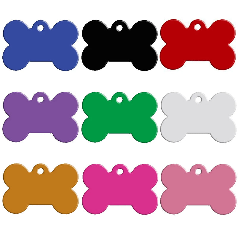 Blank aluminum pet ID bone tags, multi-color set of 9 with rounded hole for engraving
