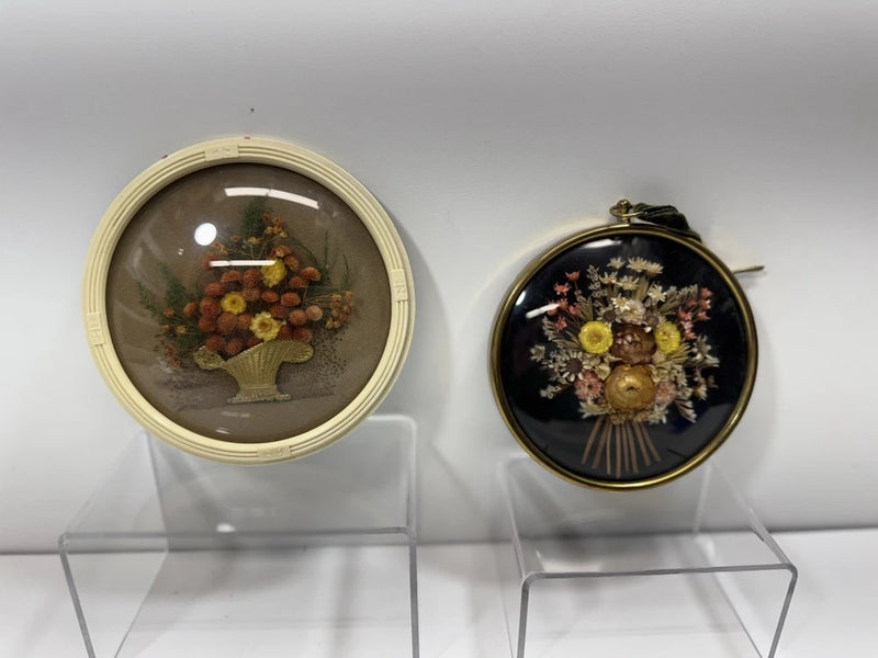 Round domed glass dried flower display, beige frame and dark blue frame side-by-side